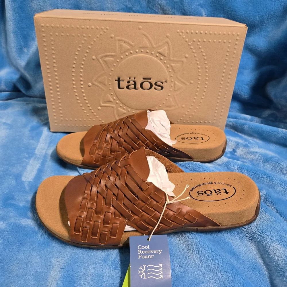 Taos Footwear Cognac Tan Woven Leather Slide Sandal